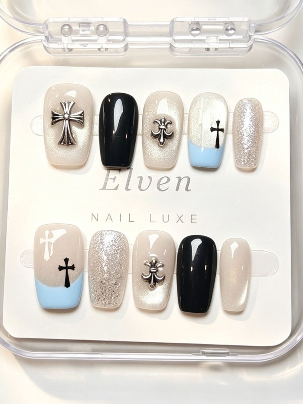 Gothic Y2K Punk Short Square Press On Nails Nude Shimmer Black Silver Glitter
